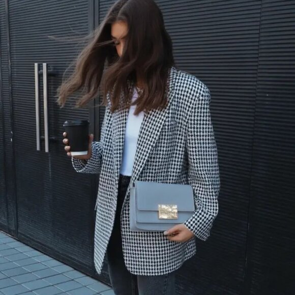 Vtg 90's Houndstooth Blazer Suit Jacket sz 42R - Black/White - Picture 1 of 11